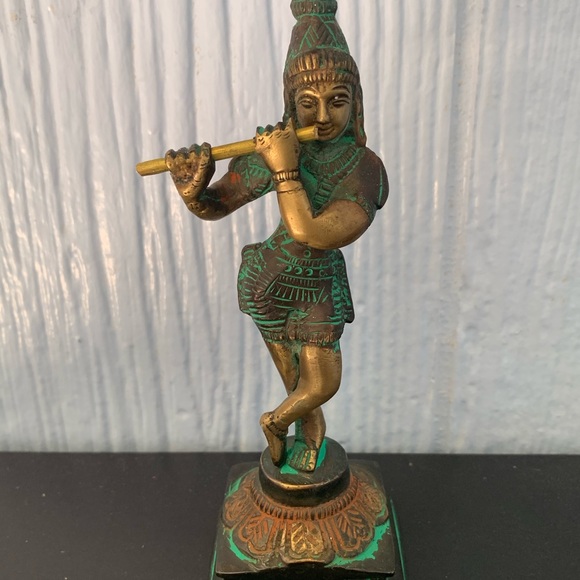 Krishna Standing Lotus Playing Flute Brass Statue - Picture 2 of 10